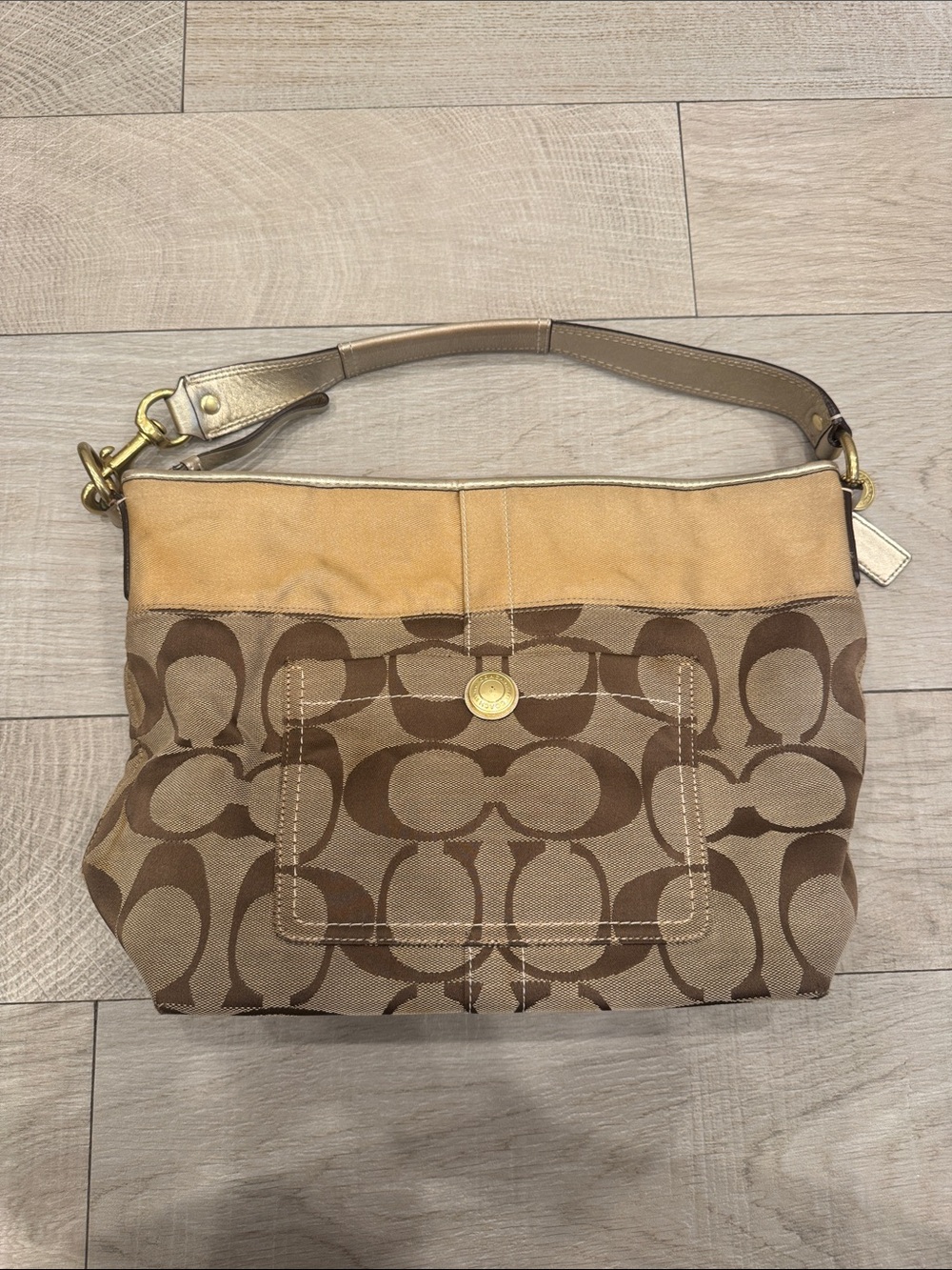 Coach Brown Signature Canvas Shoulder Bag with Tan Trim